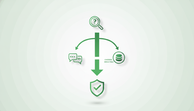 flat infographic showing a simple decision path from needs assessment to comparing quotes, choosing deductible, and reviewing coverage, with no text labels