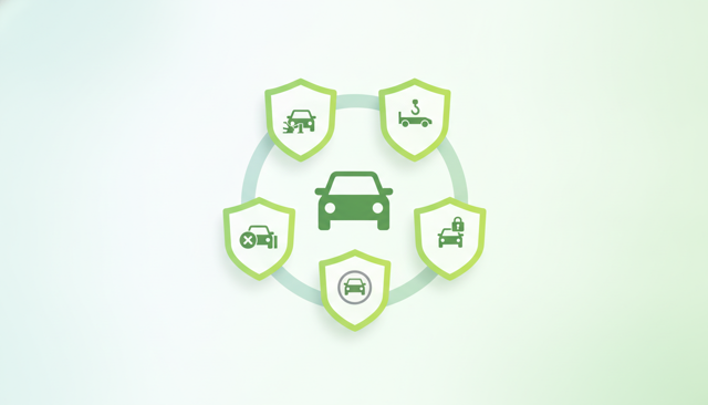 clean flat illustration of a car insurance policy with shield icons around a car, showing different protection layers such as liability, collision, theft, and roadside assistance