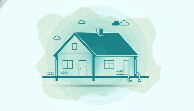 clean editorial illustration of a Danish detached house with visible risk zones highlighted subtly, such as roof, basement, pipes and facade, in a modern flat style