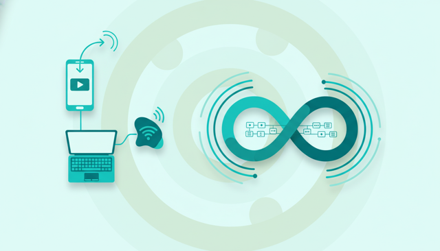 clean flat illustration showing a smartphone streaming video, a laptop connected via hotspot, and a large unlimited data symbol in a simple modern layout