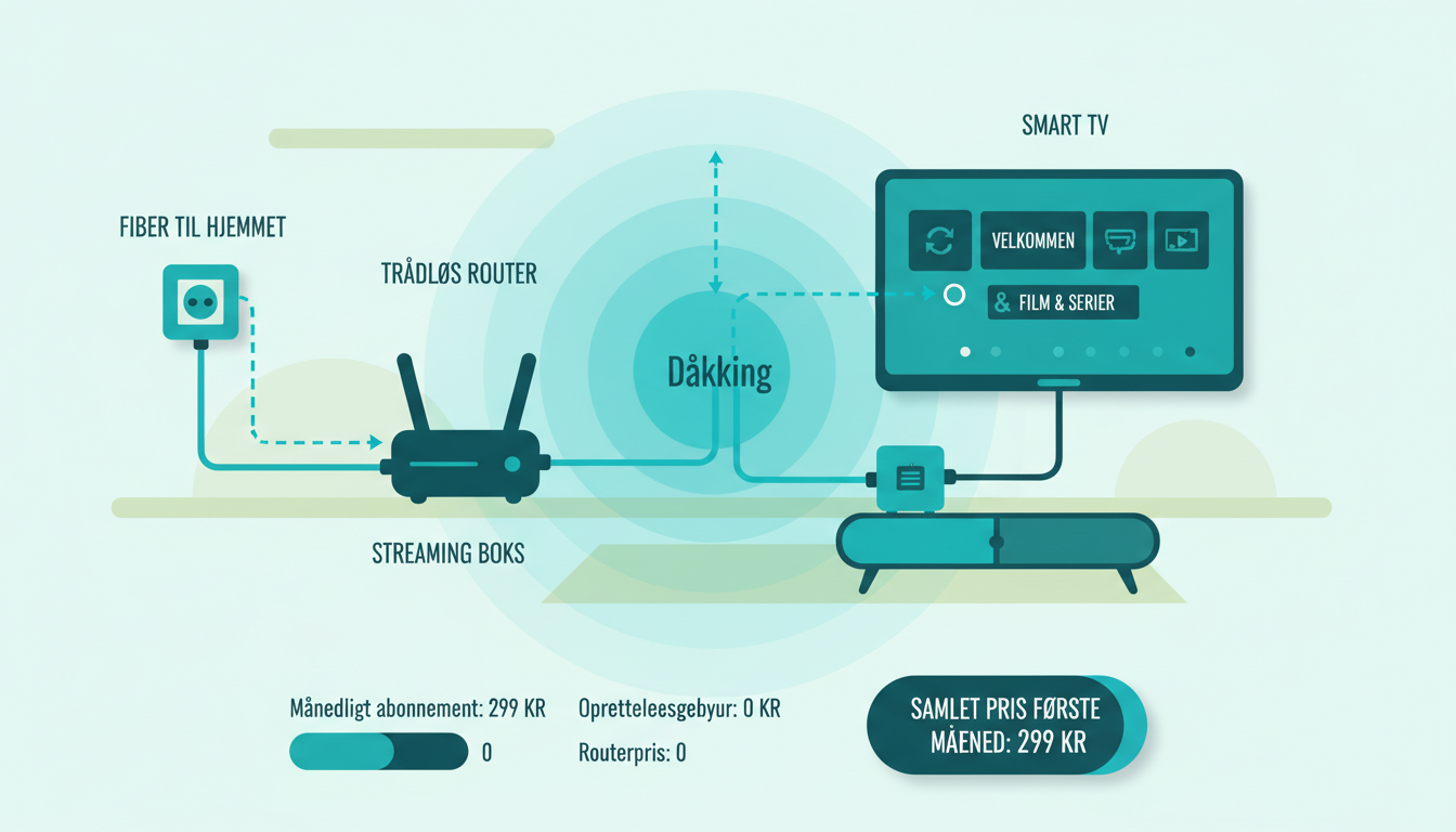 modern living room showing a fiber internet setup connected to a smart TV, router, and streaming box, with clear signal flow from wall fiber outlet to TV screen
