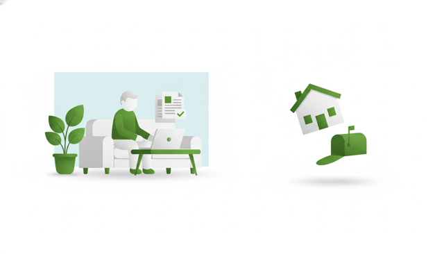 modern home interior with a person checking insurance documents on a laptop and a separate subtle visual of a house and mailbox, emphasizing practical policy management without text