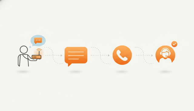 minimalist illustration of a customer support workflow for home internet, showing a user with a router, a chat bubble, a phone handset, and a support agent icon, clean flat style