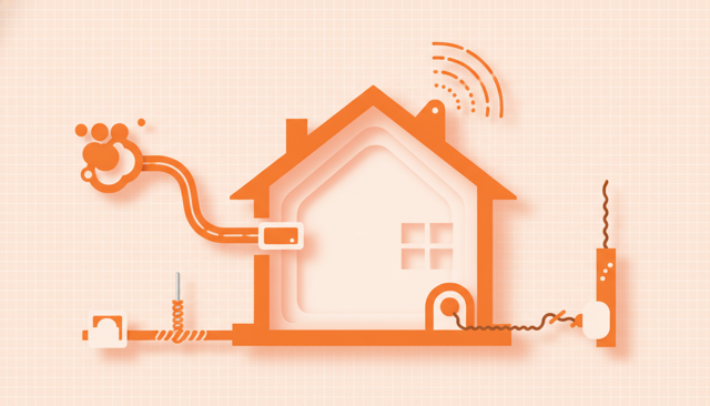 clean comparison illustration showing four internet connection types entering a house from different sources, with fiber, coax, mobile signal, and old copper cable represented visually without text
