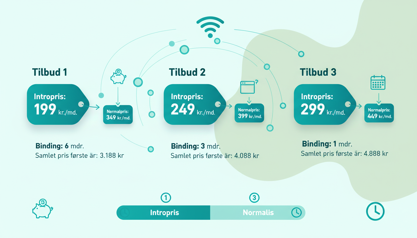 minimalist comparison chart showing three fiber offers with price tags and a timeline from introductory price to normal price. Danish labels: "Intropris", "Normalpris", "Binding", "Samlet pris"