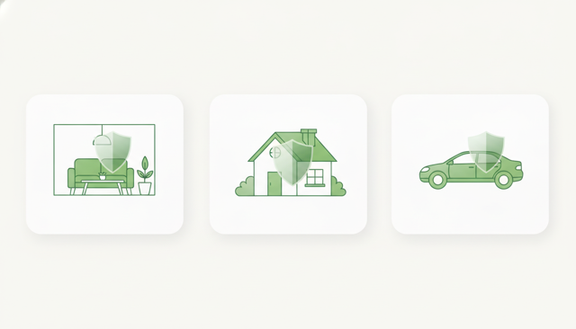 clean flat illustration of a home interior, a house exterior, and a car arranged in a simple three-part composition with subtle protection shield icons