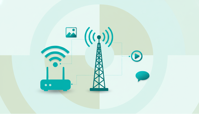 minimalist comparison illustration of a home Wi-Fi router, a mobile antenna, and floating content icons like video, image, and message bubbles