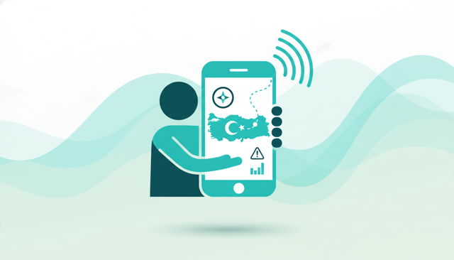 flat illustration of a traveler holding a smartphone with a map of Turkey, roaming signal waves, and a small warning symbol near mobile data usage