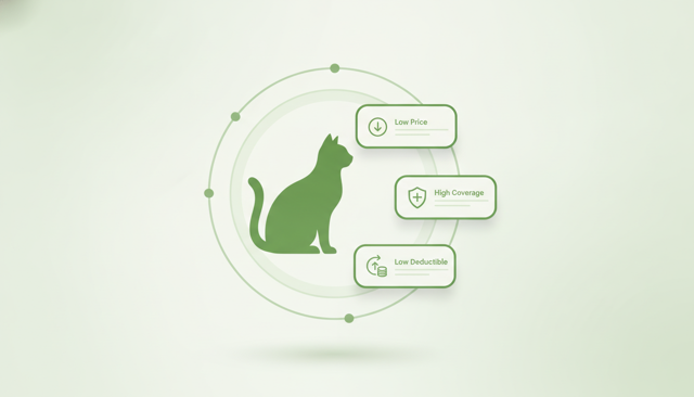 minimalist comparison illustration of a cat insurance choice with three simple cards representing low price, high coverage, and low deductible, showing a cat silhouette beside them