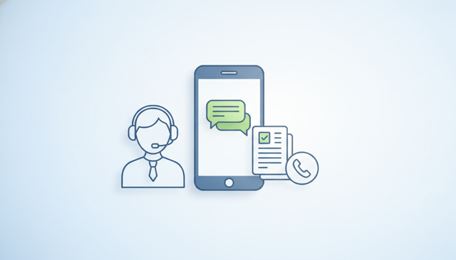 clean modern illustration of a customer service agent with headset next to a smartphone showing a help chat, insurance documents, and a phone icon, in a neutral blue and white style