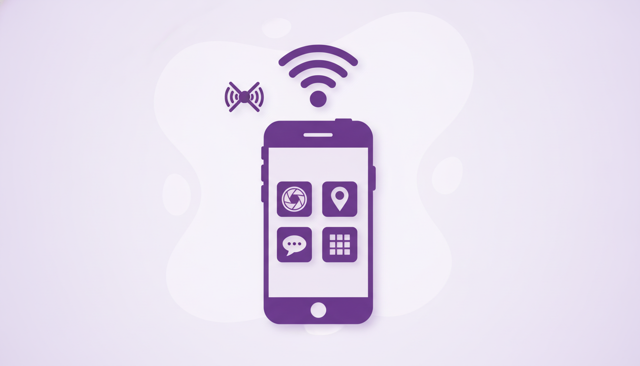 minimalist illustration of a smartphone connected to Wi-Fi, showing icons for apps, camera, maps, and messaging, with a blocked cellular signal icon