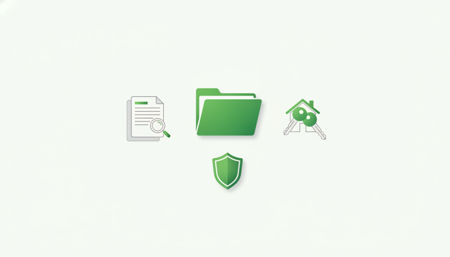 clean flat lay illustration of insurance documents, a magnifying glass, a house key, car key, and a shield icon arranged around a folder