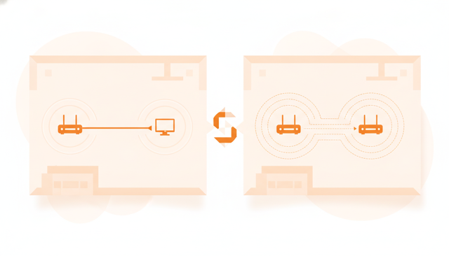 minimalist comparison illustration showing a wired ethernet connection and a wireless wifi connection inside a simple home interior, with the wired path appearing shorter and more direct