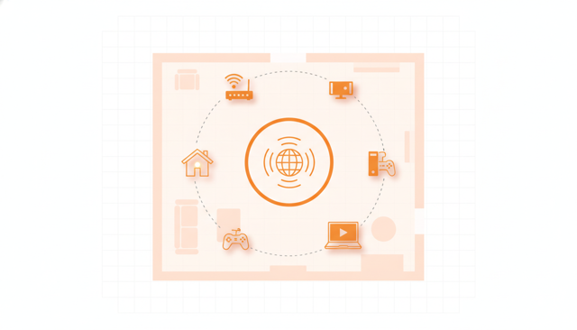 minimalist house interior scene with connected devices, a router, a gaming console, a laptop, and a streaming TV, emphasizing different internet needs