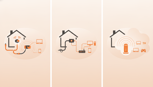 minimalist comparison illustration of fiber cable, coax cable, and 5G router in three separate home network scenes, showing different connection types without text