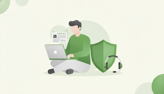 clean editorial illustration of a person reading customer reviews on a laptop beside a shield icon and a customer service headset, with a neutral Scandinavian style