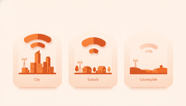 minimalist comparison illustration of three mobile network coverage zones across city, suburb, and countryside with signal strength shown as abstract waves