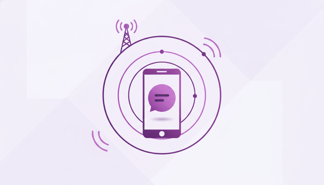 clean flat illustration of a smartphone sending a short text message through a mobile signal tower, with a simple message bubble and no text on screen