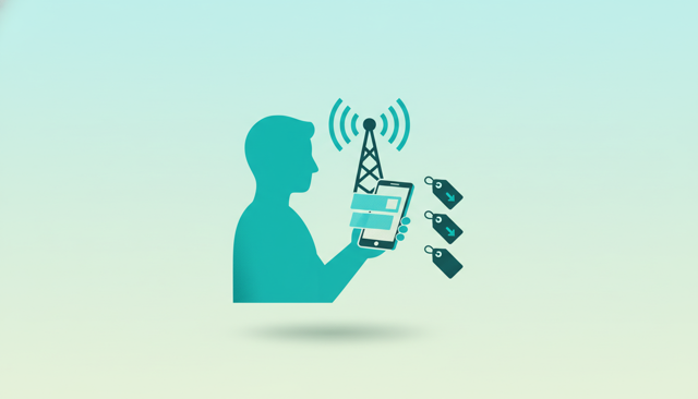 minimalist illustration of a person comparing mobile subscription options on a smartphone, with a signal tower and price tag icons in the background
