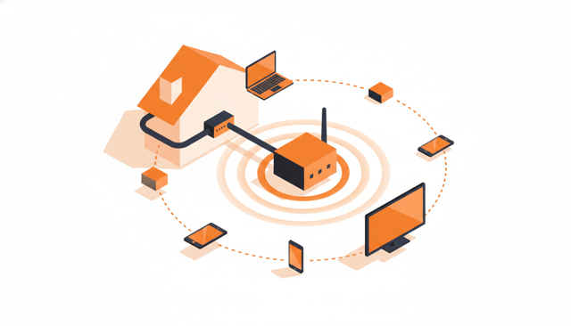 clean isometric illustration of a home setup with a router in the center, a fiber or modem connection coming in from outside, and several devices connecting wirelessly inside the house