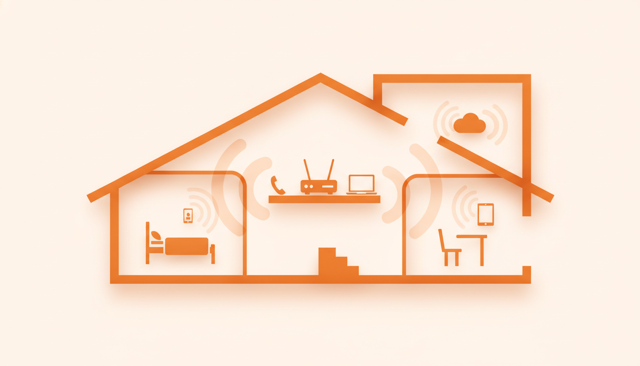 isometric illustration of a home Wi-Fi router on a shelf with a phone and laptop nearby, showing wireless signal waves reaching different rooms