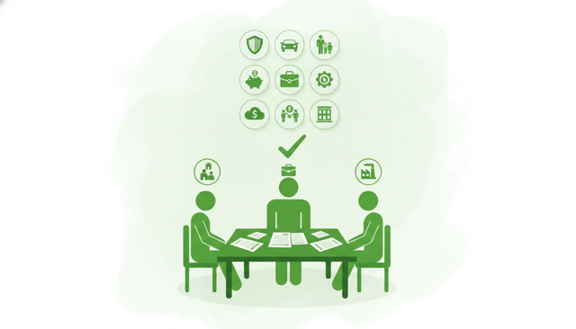 professional insurance broker reviewing several policy documents with a couple and a small business owner at a desk, clean modern office, no visible text or numbers