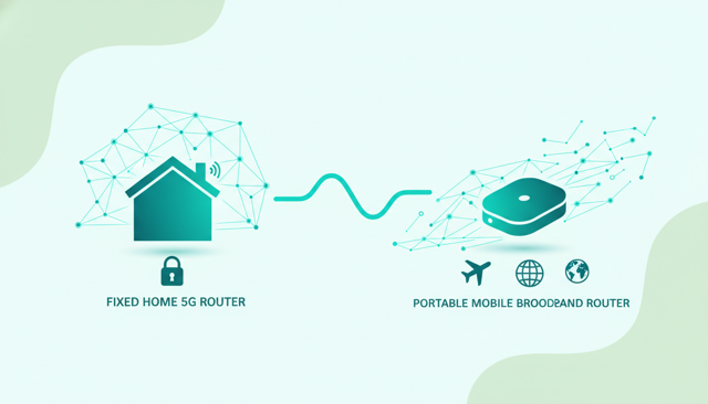 clean comparison illustration of a fixed home 5G router versus a portable mobile broadband router, emphasizing travel-friendly versus address-locked use