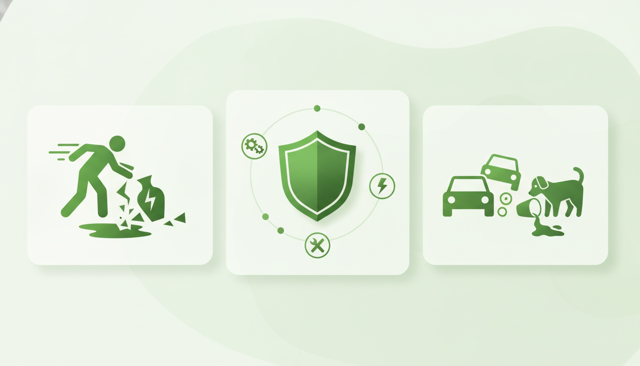 clean flat illustration showing three separate scenes side by side: a person accidentally breaking a vase, a car bumping another car in traffic, and a dog causing a spill, with a shield symbol in the center