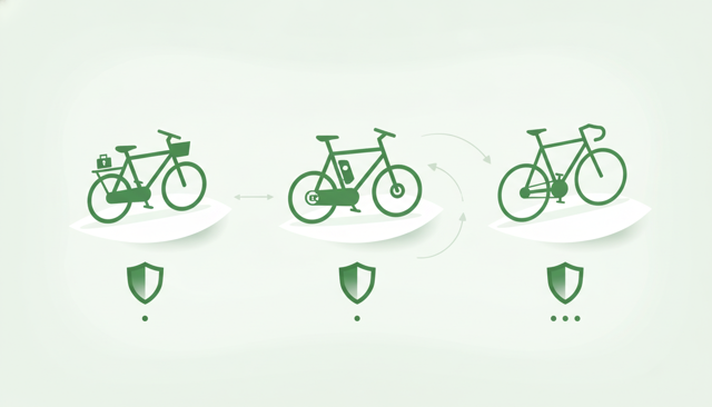 minimalist illustration of a bicycle insurance comparison with three bicycle types, showing simple visual differences between a city bike, an e-bike, and a racing bike