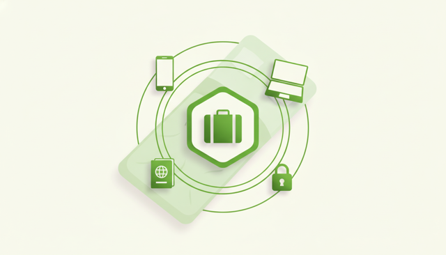 travel insurance concept showing a suitcase, smartphone, laptop, passport, and padlock arranged on a hotel bed, clean realistic editorial illustration without text, labels, or numbers