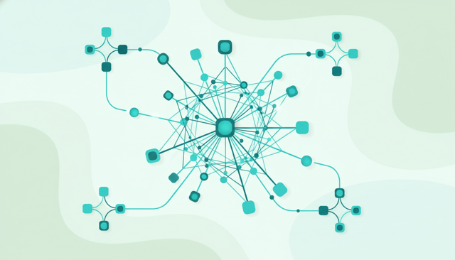 minimalist illustration of multiple separate network nodes connected by flowing lines into a large central web, representing interconnected networks