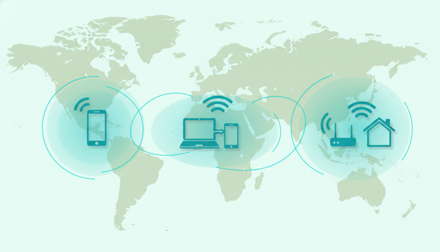 minimalist comparison illustration showing three internet use cases: phone browsing, hotspot to laptop, and portable router for home use, all connected by wireless signal arcs