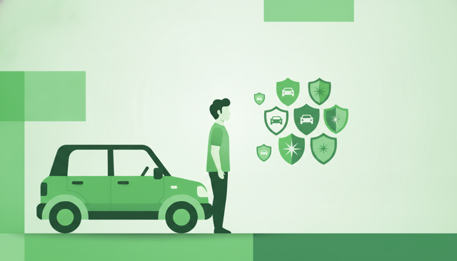 realistic editorial illustration of a young driver comparing car insurance options beside a small car, with abstract shield icons and no text, labels, or numbers