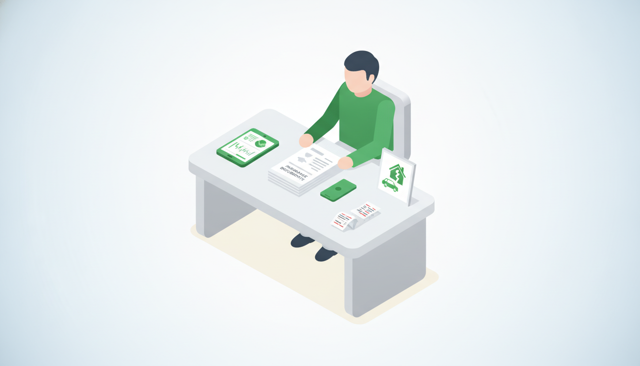 minimal isometric scene showing a person preparing insurance documents on a desk with phone, receipts, and photo evidence, no text