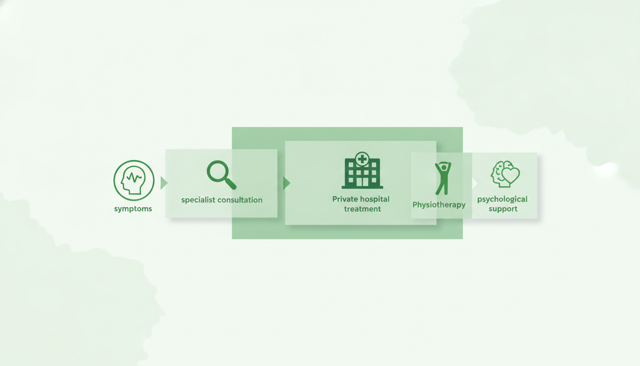 minimalist illustration showing a patient pathway from symptoms to specialist consultation, private hospital treatment, physiotherapy, and psychological support, with clean medical icons
