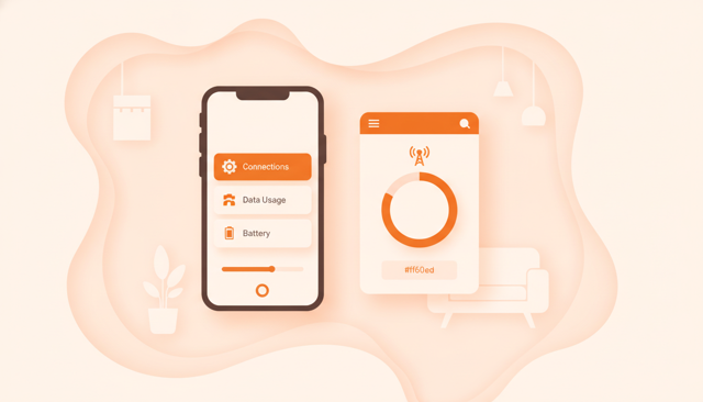 clean mobile phone settings screen beside a telecom app dashboard, showing a person checking remaining data on a smartphone in a modern home setting
