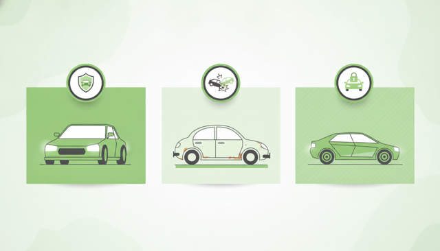 clean comparison illustration of a new car, an older car, and a leased car, with visual cues showing when comprehensive coverage makes sense versus liability only