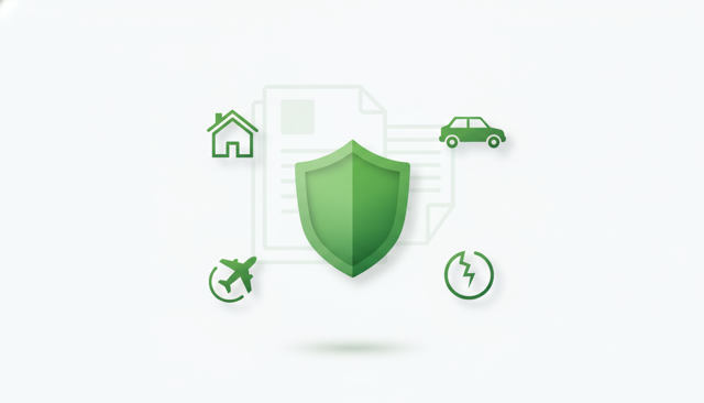 clean flat illustration of a shield surrounded by four simple icons representing home, car, travel, and accident coverage, with a subtle insurance document in the background