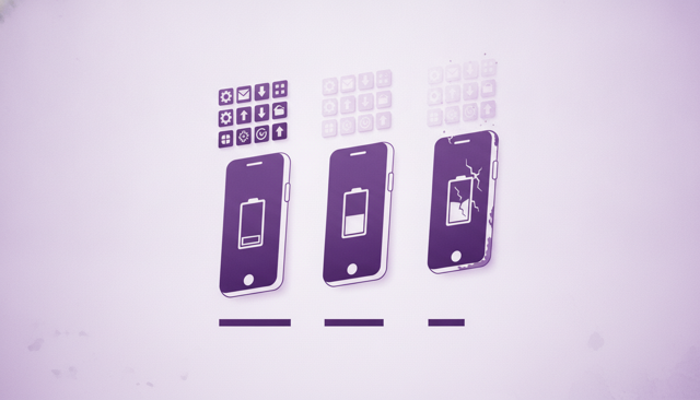 minimalist illustration of a smartphone aging over time, with a healthy battery turning into a worn battery and subtle icons showing software updates fading away