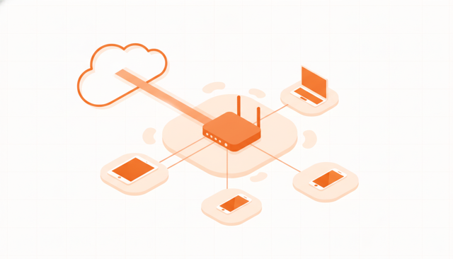 minimalist illustration of a router sending data to several devices in a home, with one visible connection path leading out to the internet cloud
