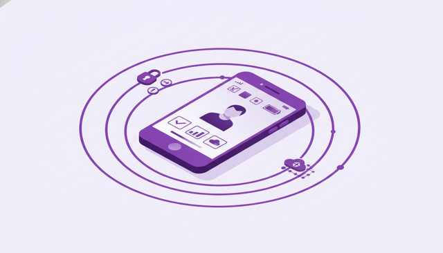 smartphone security check concept with a person reviewing app permissions, battery usage, and data activity on a clean modern phone interface