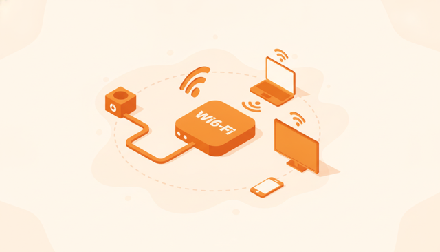 isometric illustration of a home internet setup showing a fiber wall box, router, ethernet cable, laptop, smart TV, and smartphone connected wirelessly, no text or labels