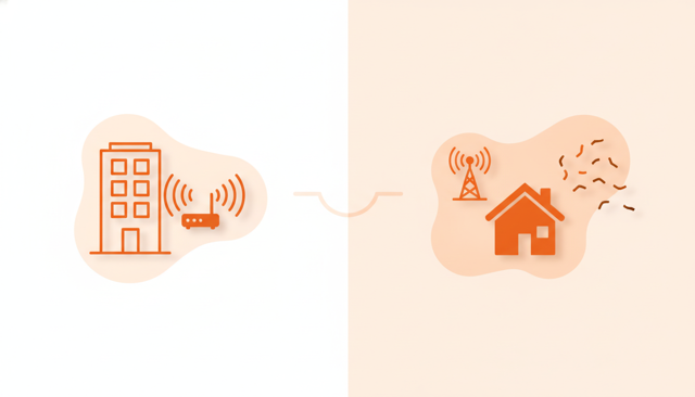 clean comparison illustration showing strong indoor signal in a modern apartment versus weaker signal in a remote house, using abstract signal waves and no text