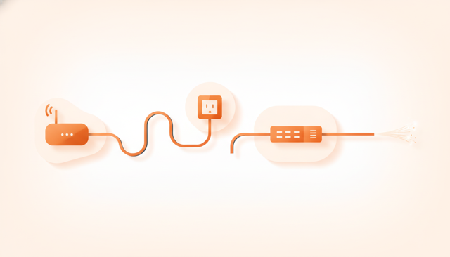 technical cutaway illustration of a home Ethernet network with a router, long copper cable, wall outlet, switch, and fiber link extending beyond the copper cable limit, no text or labels