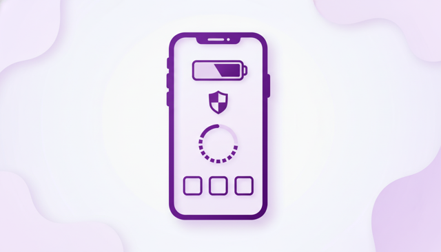 realistic illustration of an older smartphone with a fading battery icon, a warning shield, and a slow loading app screen on a clean neutral background