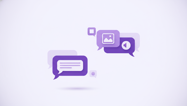side-by-side illustration of a classic mobile text message bubble and a modern chat app conversation with image and voice message icons, clean flat style