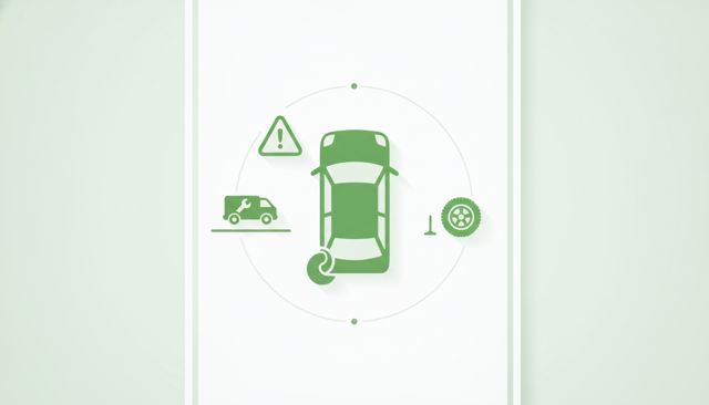 minimalist roadside scene showing a car with a flat tire, a warning triangle, and a service van arriving to assist