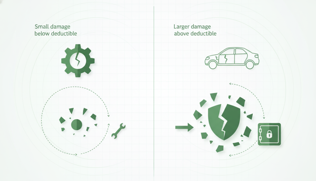 minimalist comparison scene with two repair scenarios side by side, one small damage below deductible and one larger damage above deductible, no text, clean vector style