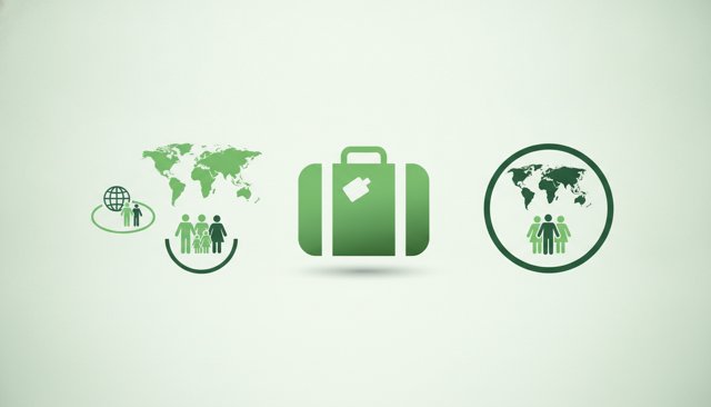 minimalist comparison chart showing three travel insurance choices with suitcase, world map, and family icons, emphasizing different coverage levels
