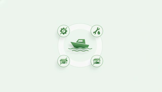 realistic infographic style scene with a boat on water and separate visual elements for excluded risks like wear, poor maintenance, and improper storage, without any text